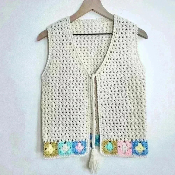 Crochet Cream and Multicolor Granny Square Tie Front with Tassle Wool Boho Vest - Picture 1 of 15